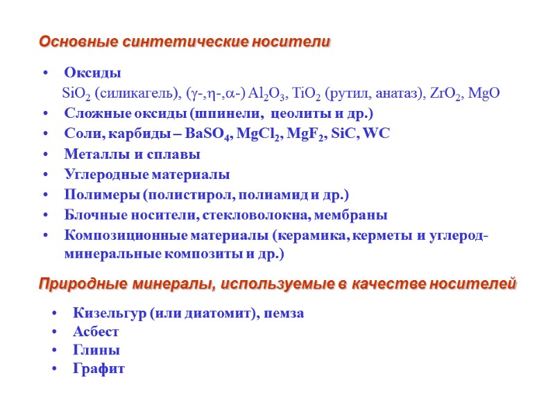 Оксиды      SiO2 (силикагель), (-,-,-) Al2O3, TiO2 (рутил, анатаз), ZrO2,